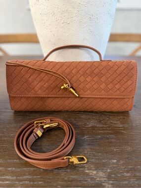 Cognac Woven Suede Leather Top-Handle Bag